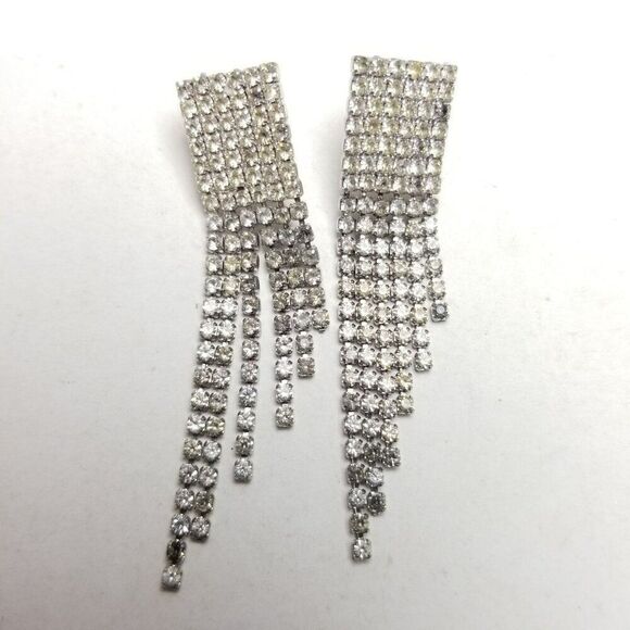 Vintage Fringe Dangle Rhinestone Stud Earrings, Silver Tone 80s 90s Style Estate - Picture 1 of 4